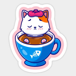 Cute Cat Fever In Coffee Cartoon Sticker